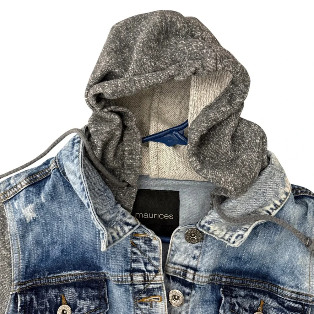 Maurices Hooded Denim Jacket Womens M Medium Blue Gray Mixed Media Trucker